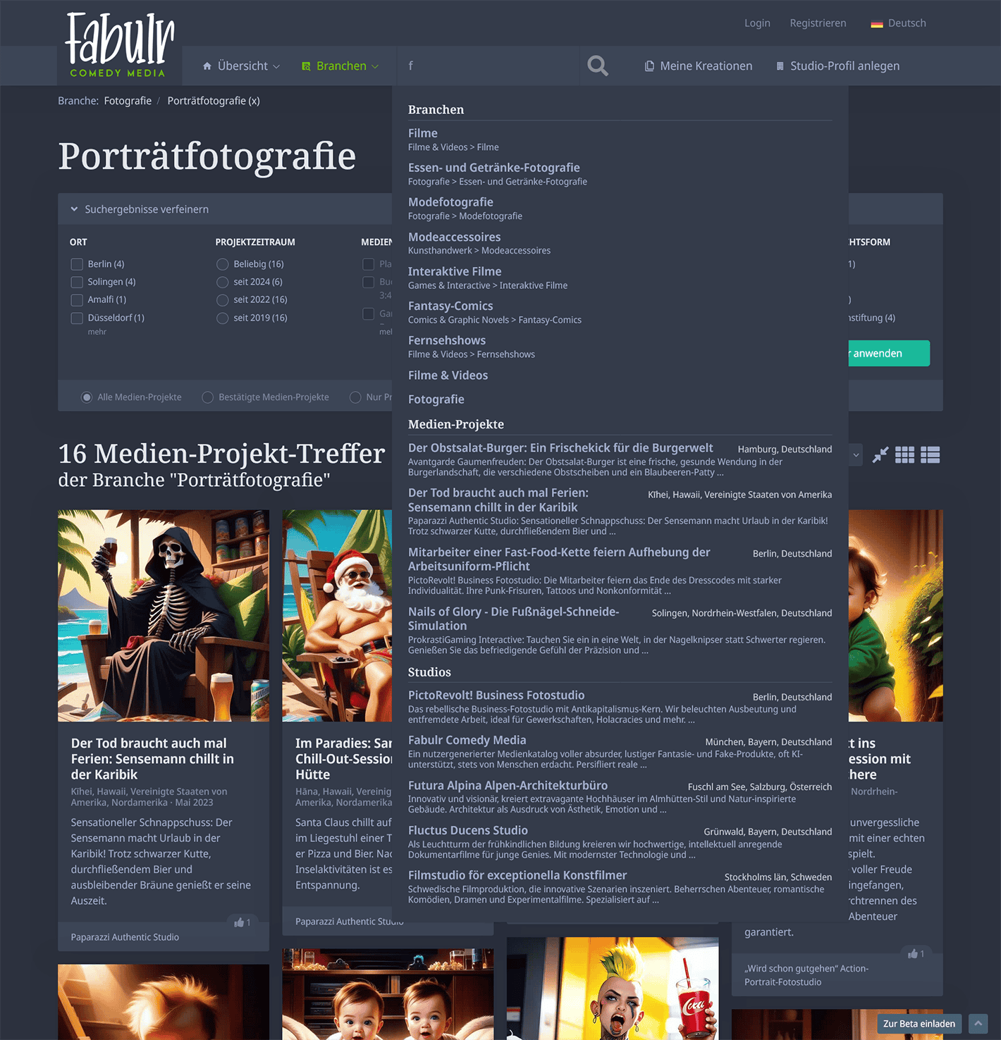 Search-as-you-Type mit Quicklinks zu Medienbranchen, Comedy-Medien, Studios und News - image