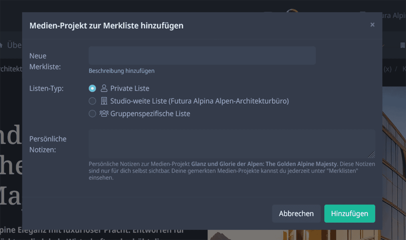 Medien-Projekte und Studios können in Merklisten festgehalten werden - image