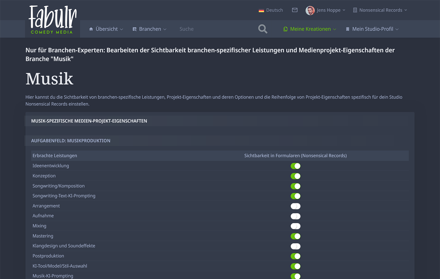 Sichtbarkeit von branchen-spezifischen Leistungen im Filter und Formularen studiospezifisch konfigurierbar - image